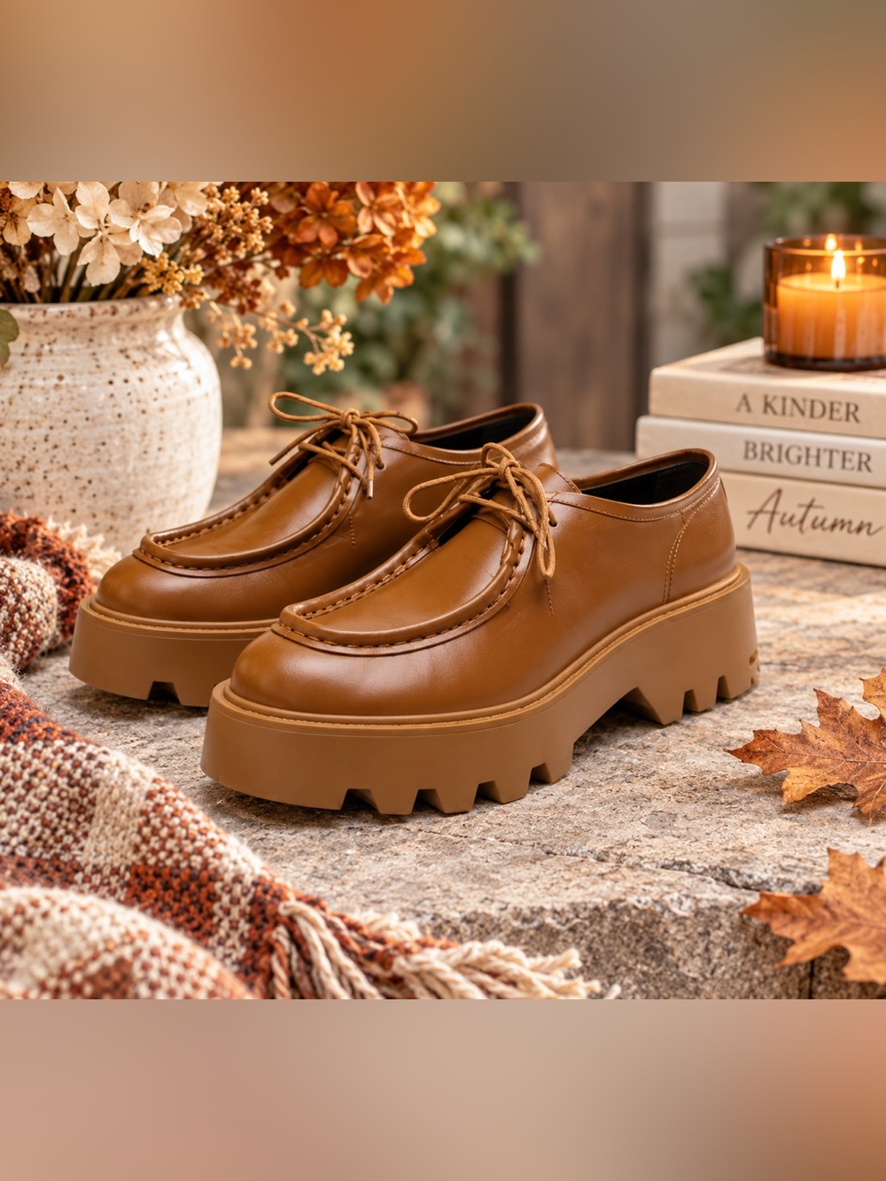 Zara Cognac Tan Chunky Platform Lug Sole Lace Up Loafers Shoes Size 9 NWT